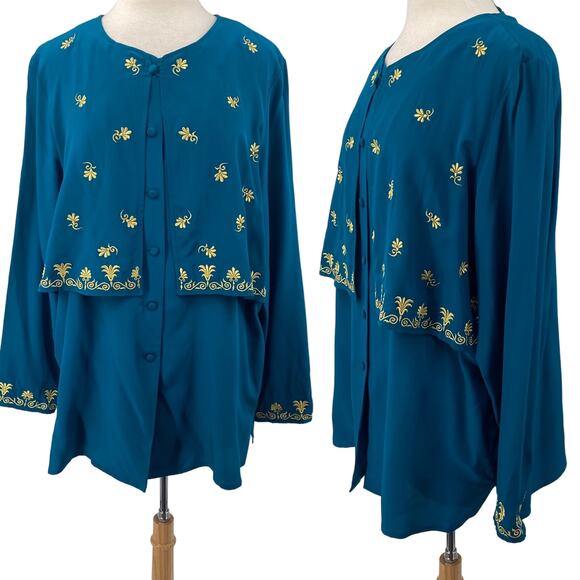 Vintage Diane Von Furstenburg Silk Blouse Gold Embroidered Top Teal Womens XL - Picture 1 of 7